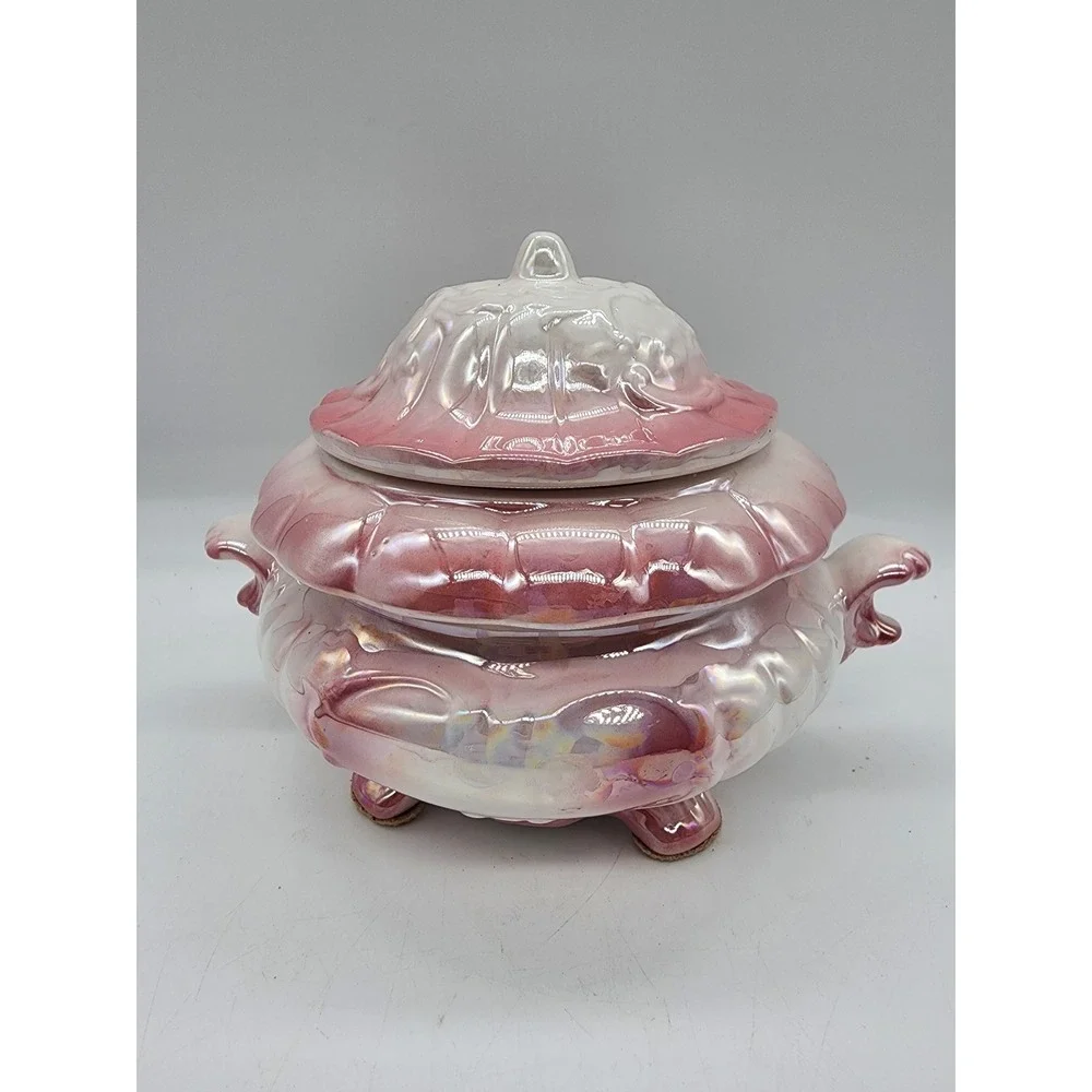 Vintage Pink Lusterware Floral Ceramic Lidded Dish Gold Trim Footed Tureen 6x7